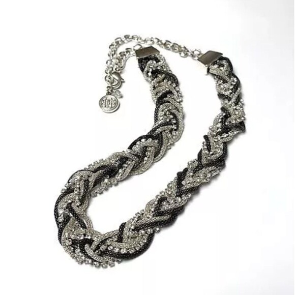 Dana Buchman Black Braided Rhinestone Necklace 14" Silver Tone Mesh 9 Strands - Picture 3 of 9